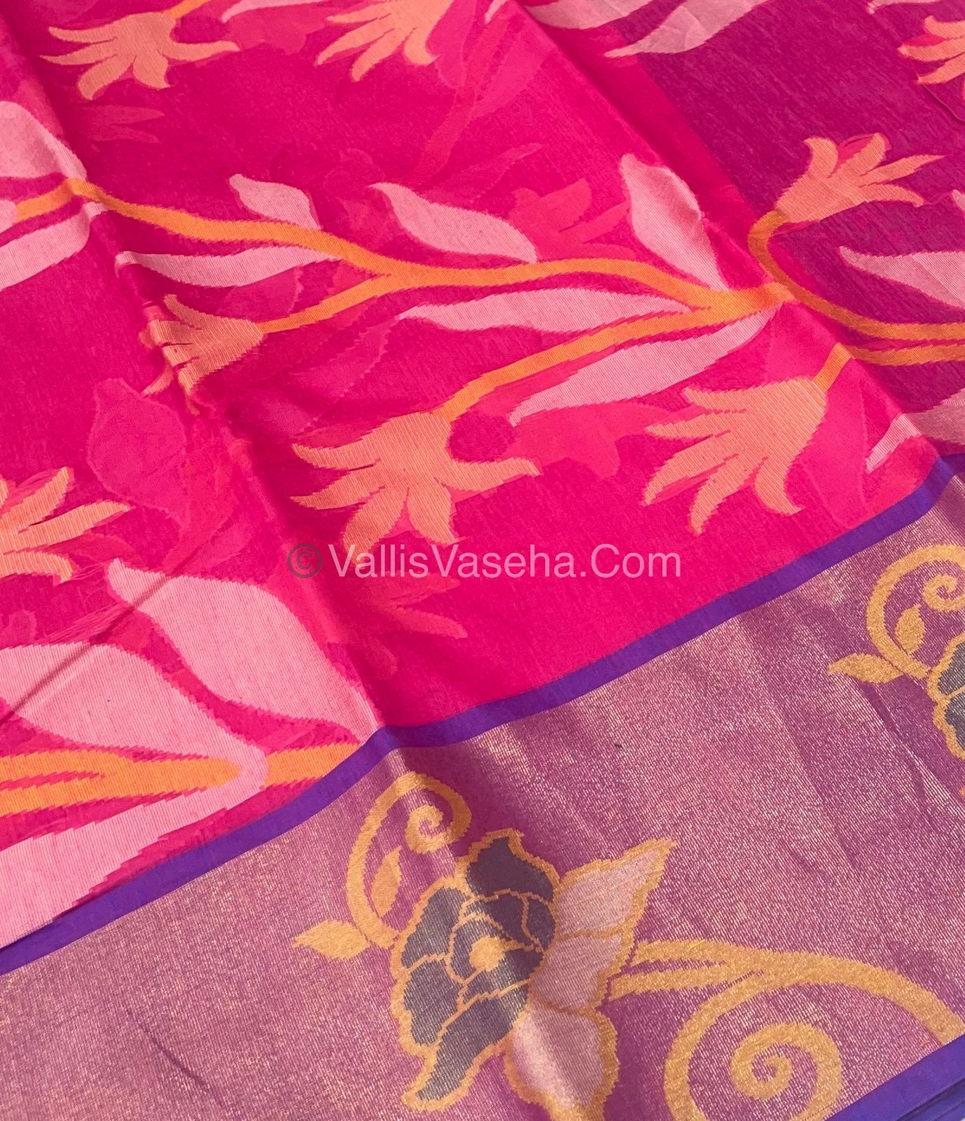 Banarasi Pochampally Weaving Semi Soft Cotton Saree - Pink with Blue - VVBPS001