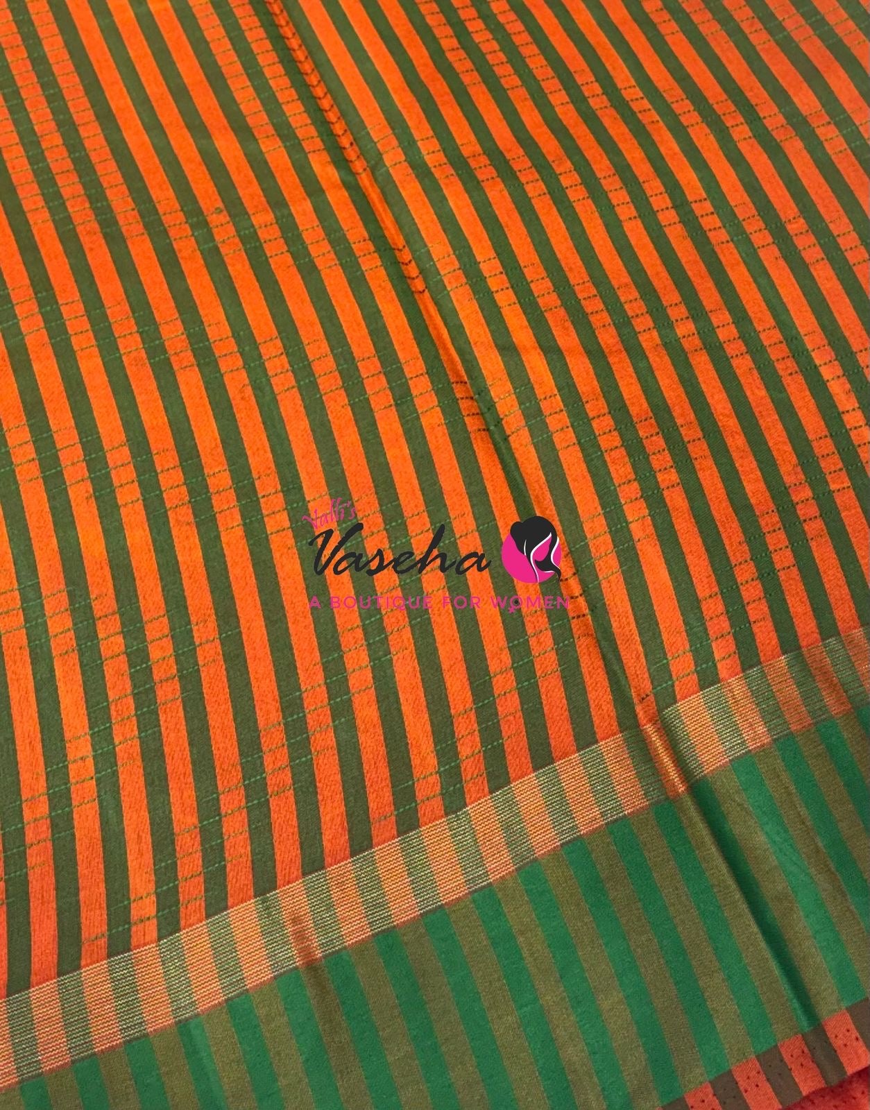 Semi Silk Saree - Thread Work Weaving - Orange With Green - VVSSS0038