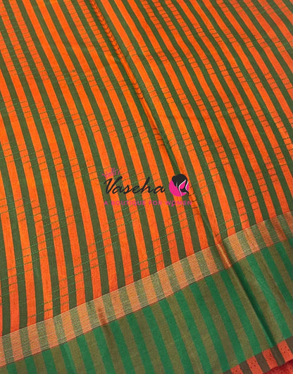 Semi Silk Saree - Thread Work Weaving - Orange With Green - VVSSS0038