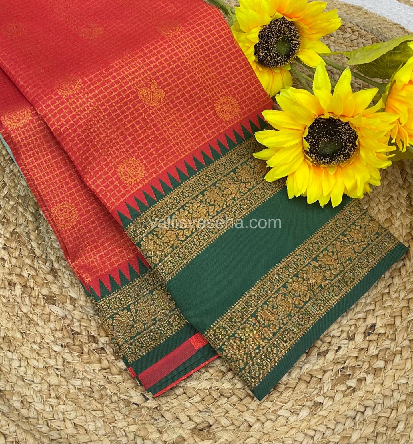 Kanchi Semi Silk - Red with Green - Mayil & Chakkaram design - VVKSS001