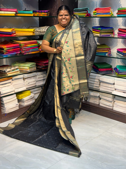 Semi Raw Silk - Paithani Design Weaving - Black Shade - VVRS005