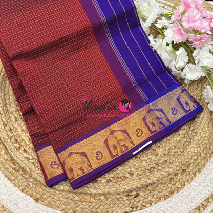 Pure Silk Cotton Saree - Maroon With Violetish Blue - Lakshadeepam Design - VVPLD004