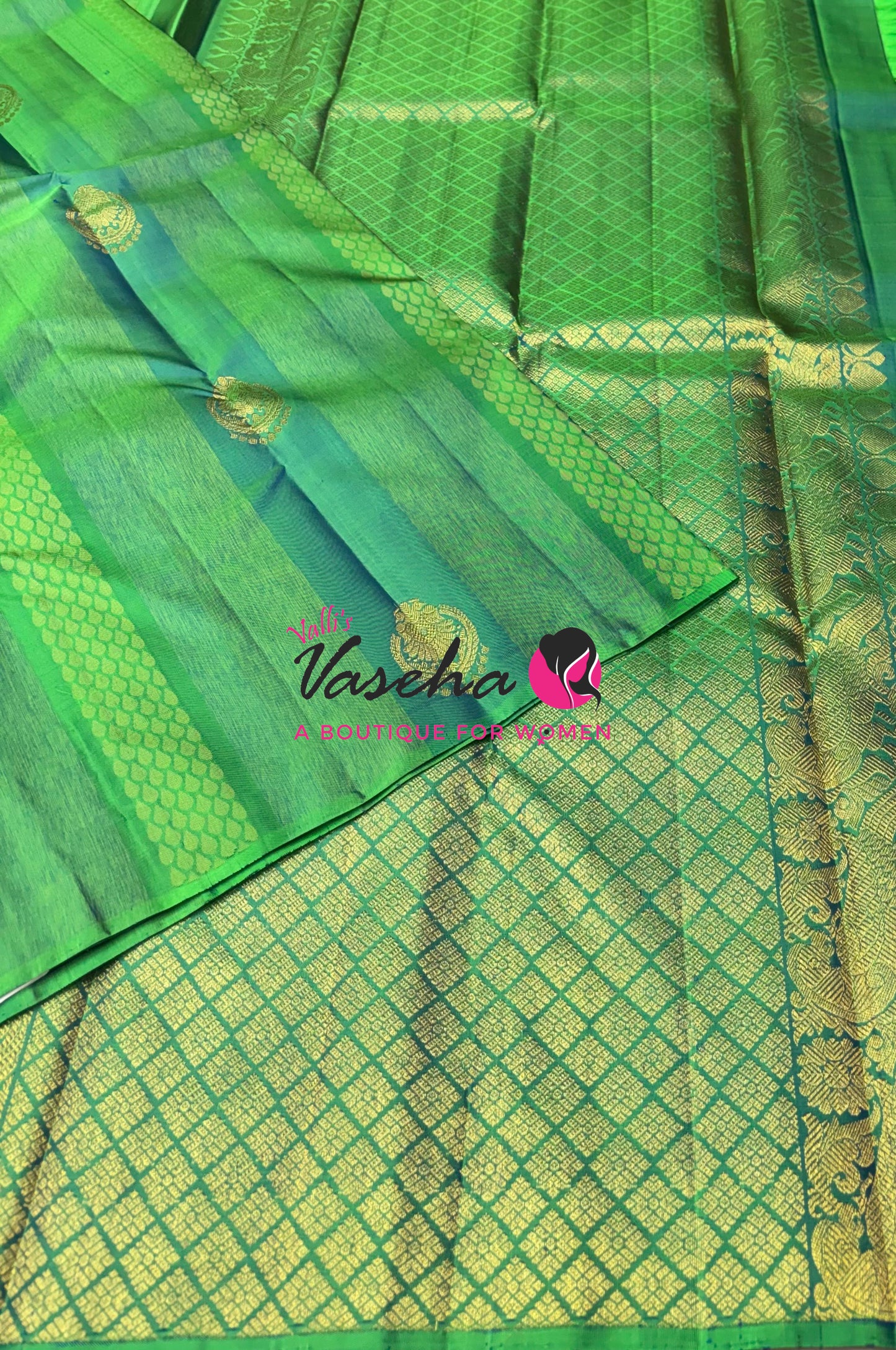 Pure Kanchipuram Silk Saree - Border Less  - Rexona Green Shade  - VVPS063