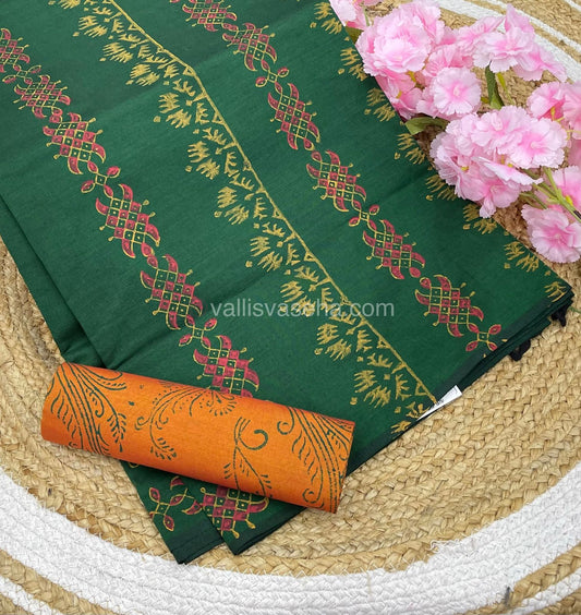 Poly Silk Mixed Printed Cotton - Green With Orange - VVPCP002