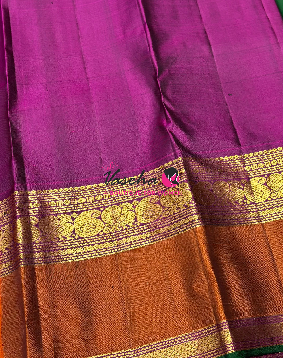 Pure Kanchipuram Silk Saree - Green & Purple Combo - VVPS038