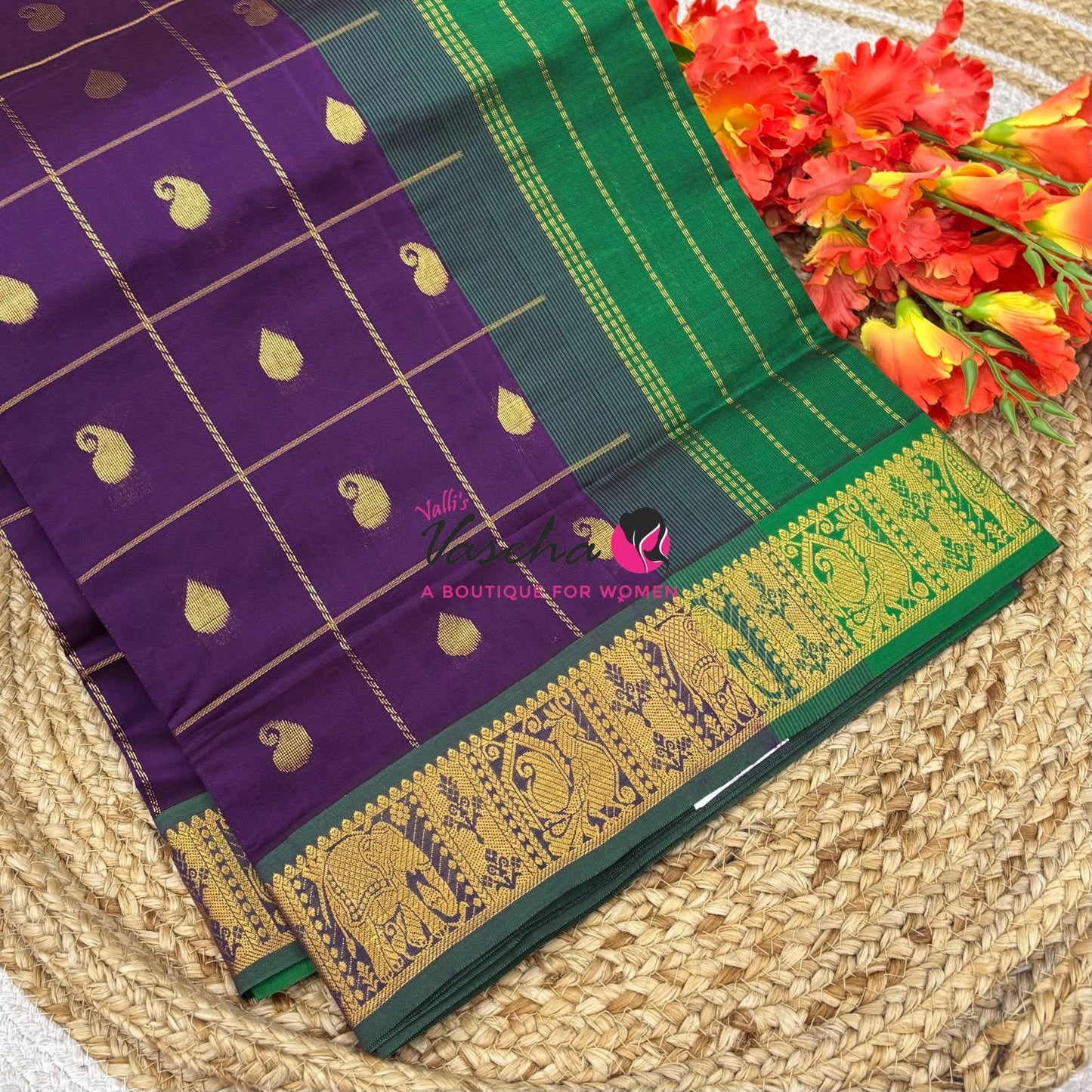 Semi Silk Cotton Saree - Checked Pattern with Butta  - VVSSC013