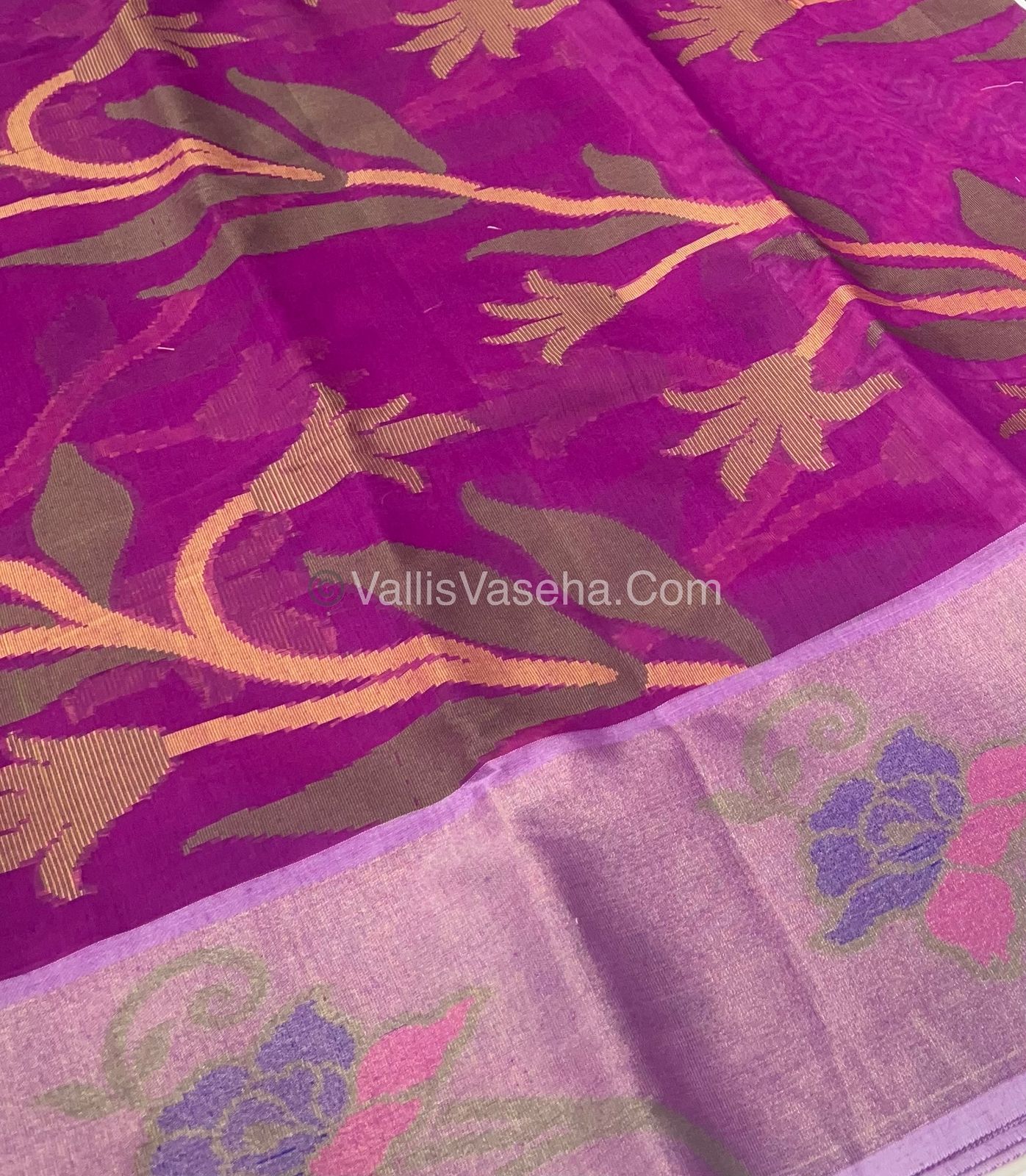 Banarasi Pochampally Weaving Semi Soft Cotton Saree - Purplish Pink with Cream - VVBPS001