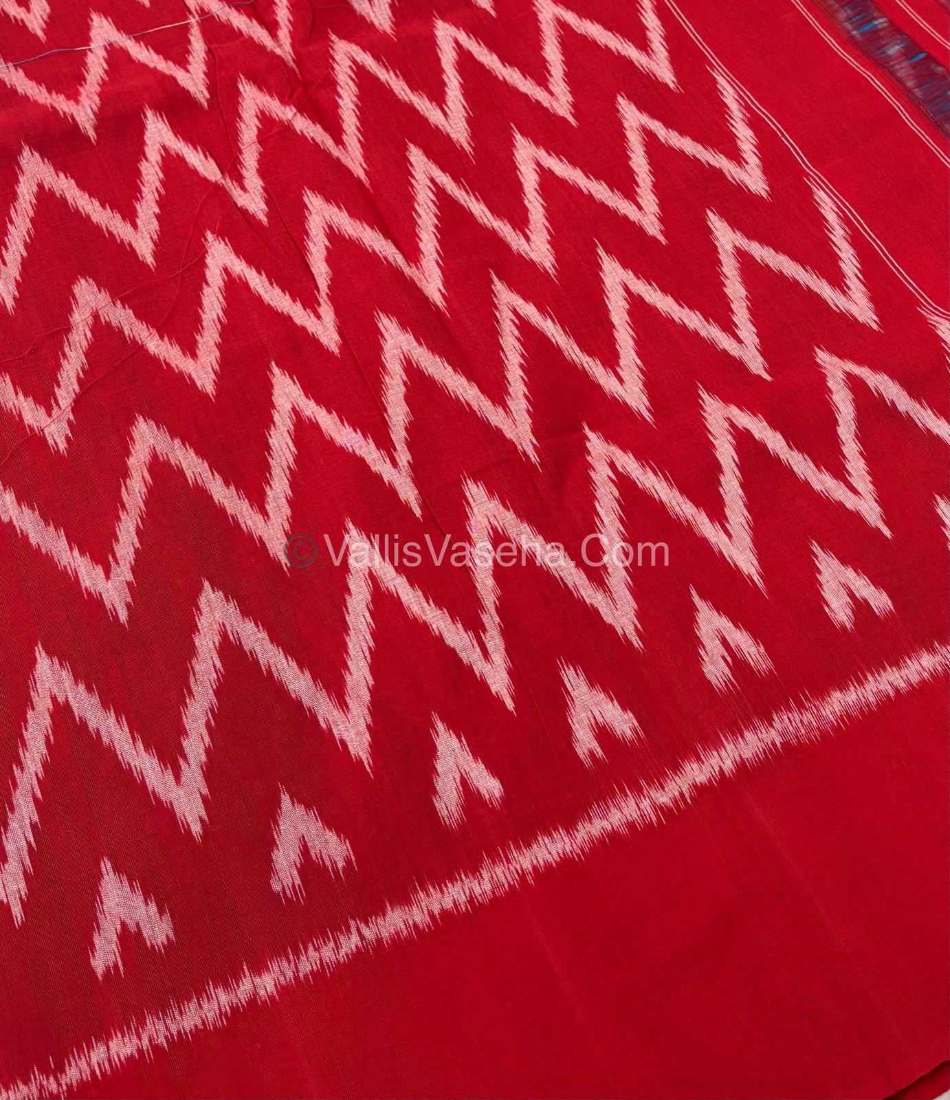 Double Ikkat Pure Cotton Saree -  Blue With Red  - VVIKS002
