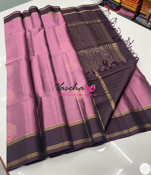 Pure Soft Silk Saree  - Onion Pink & Wine Brown Combo - VVPSS137