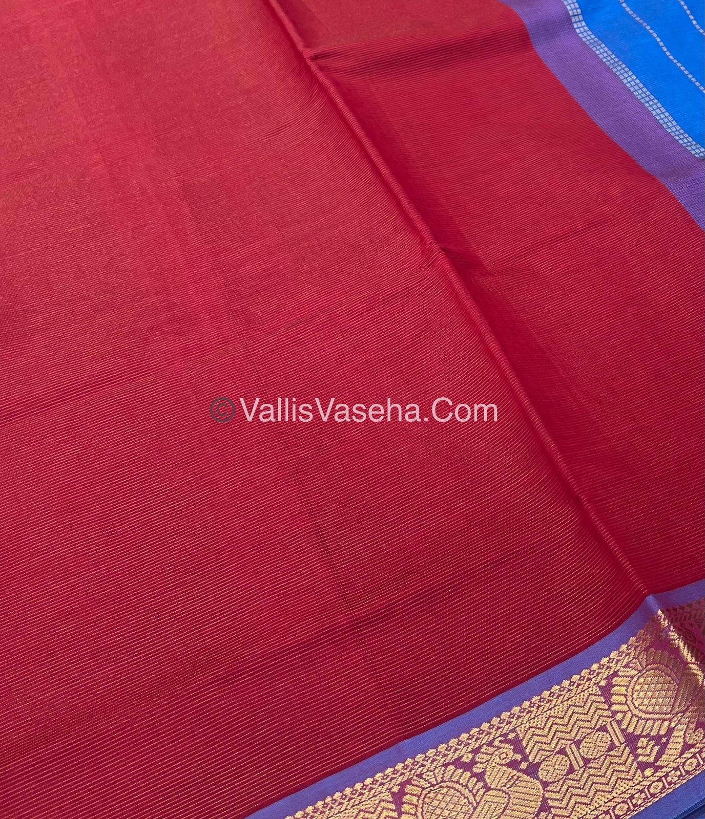 Semi Silk Cotton Saree - Red With Blue Shade - VVSSC008