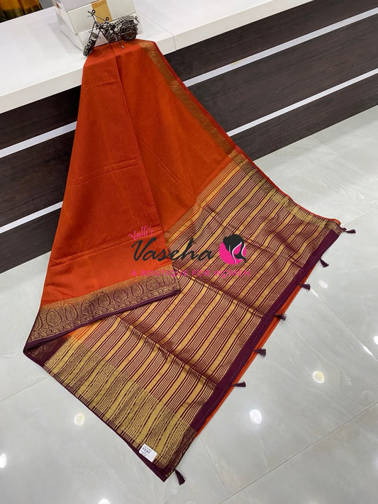 Semi Jute Silk Saree - Orange With Maroon Shade- VVSJS001