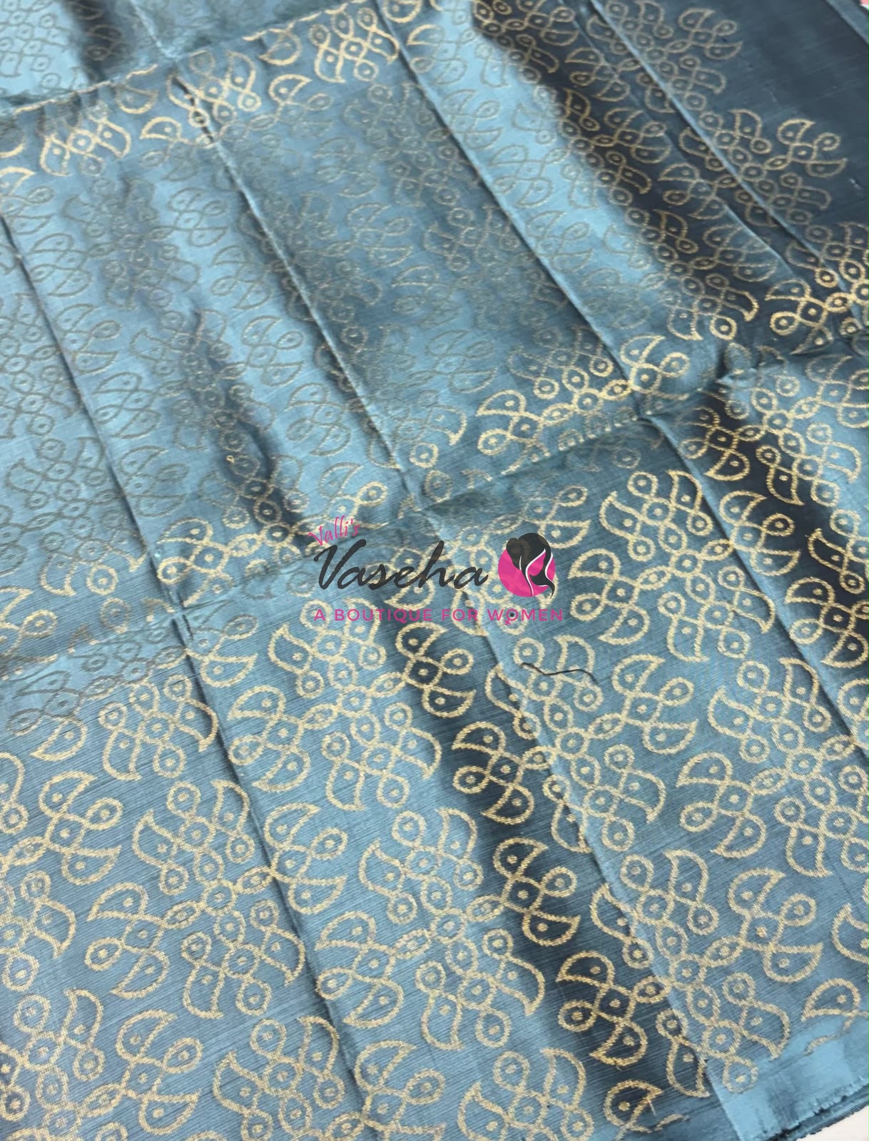 Half Mixed Soft Silk Saree - Kolam Design - Brown & Blue Shade - VVPSS077