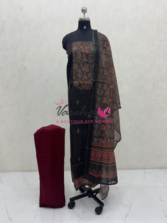 Unstitched Tissue Material | Greyish Black With Maroon Shade | VVUSM073
