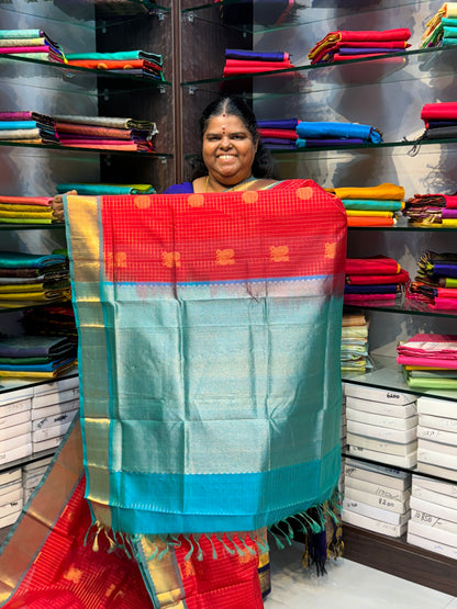 Pure Silk Cotton Saree - Mayil & Chakkaram Design - Red with Teal Blue Combo - VVMC002