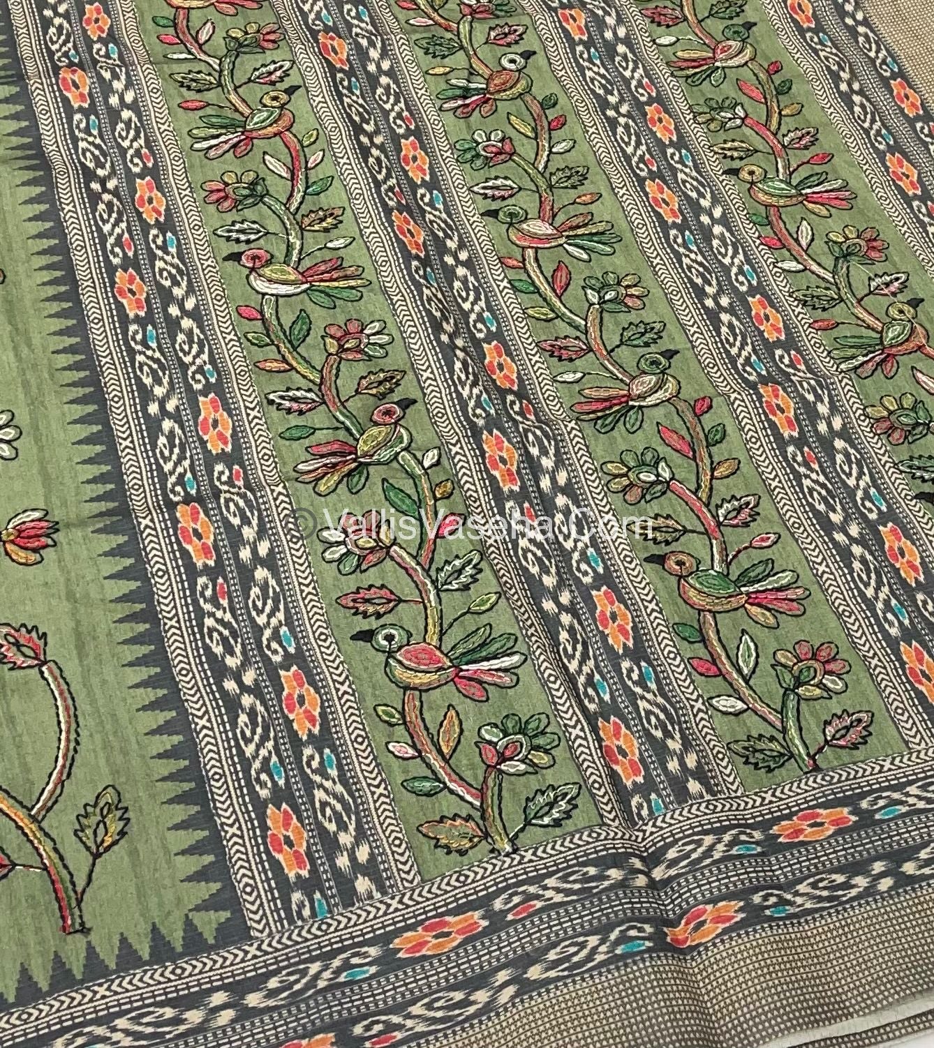 Semi Tussar - Kantha Work Embroidery - Green Shade - VVSTK001