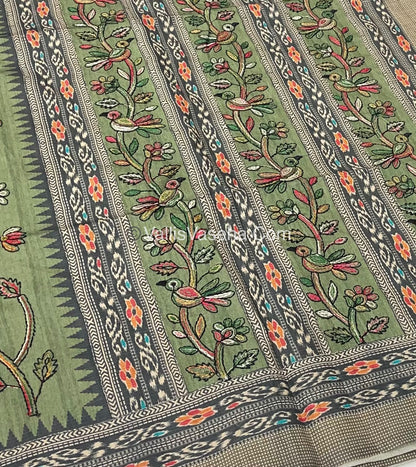 Semi Tussar - Kantha Work Embroidery - Green Shade - VVSTK001