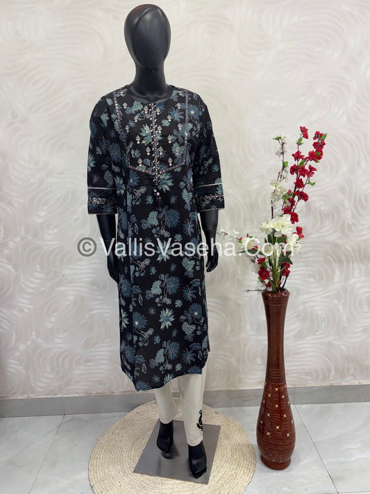 Salwar & Kameez(2pc) Set - Black kurti & Khadi Cotton Bottom with Applique work - VVCS002