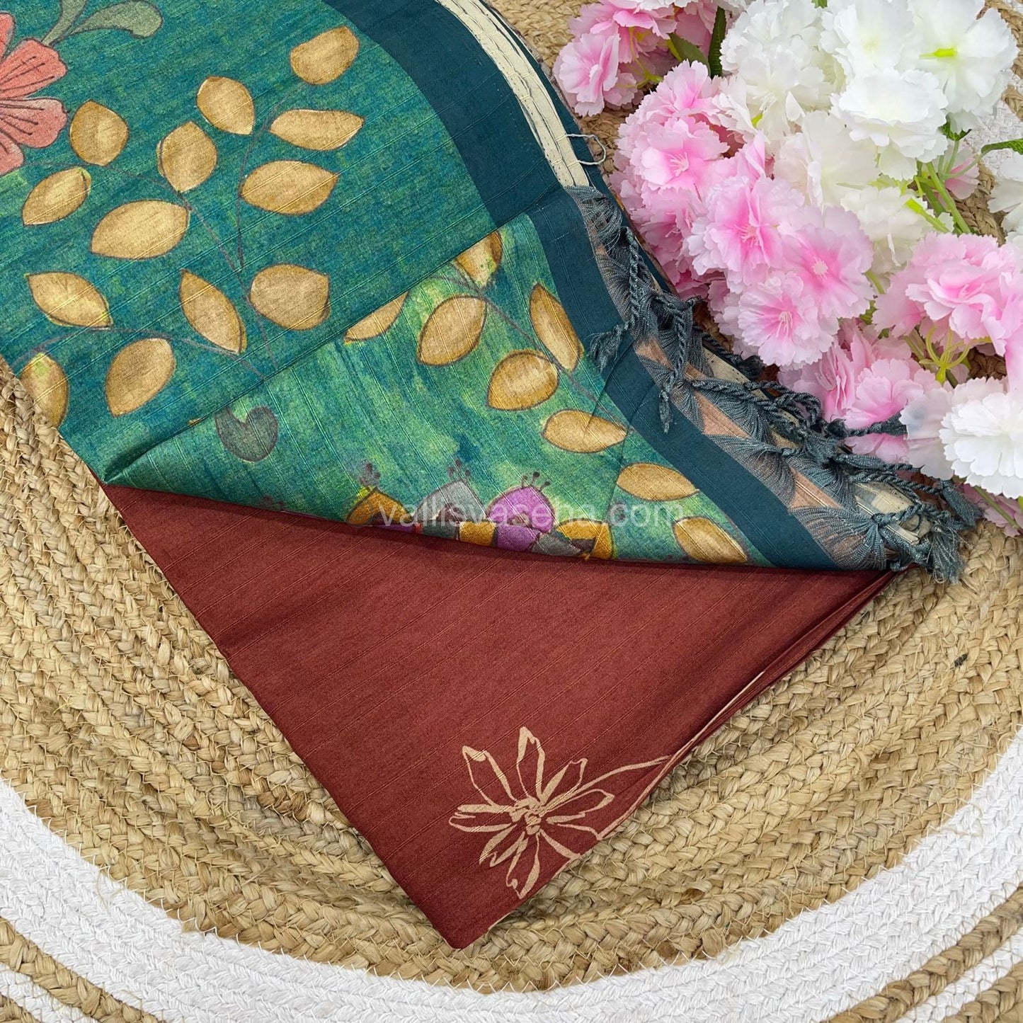 Semi Tussar Saree - Rust Mixed Brown with Ramar Blue Combo -  VVSTS003