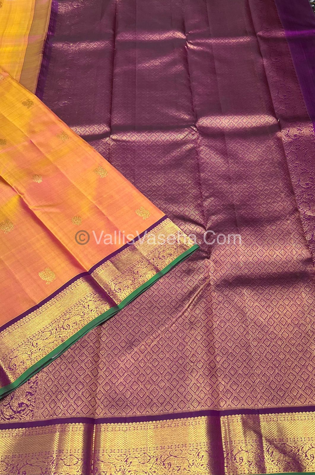 Pure Kanchipuram Silk Saree - Peachish Gold With Purple Shade  - VVPS022