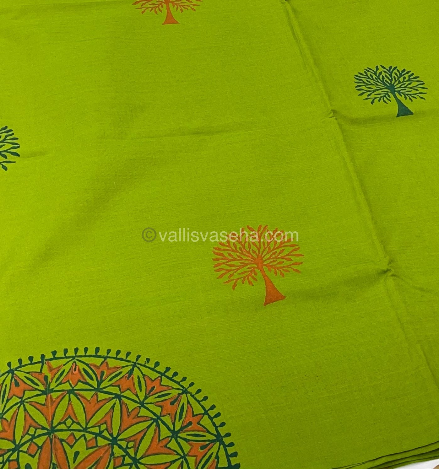 Poly Silk Mixed Printed Cotton - Green With Orange - VVPCP002