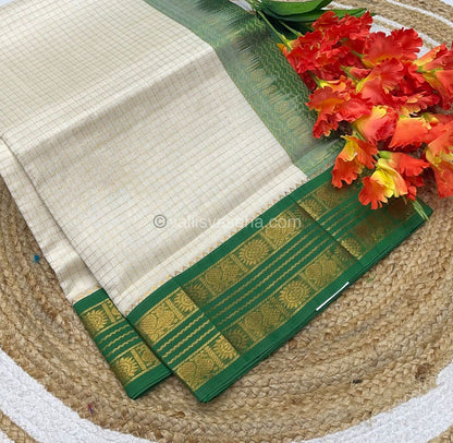 Pure Korvai Silk Cotton - Retta Petta Border - Cream( Half White )with Green Combo - VVKSC010