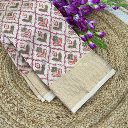 Semi Tussar Silk Saree - Ikkat / Pochampally Design - Cream Shade - VVSTS033