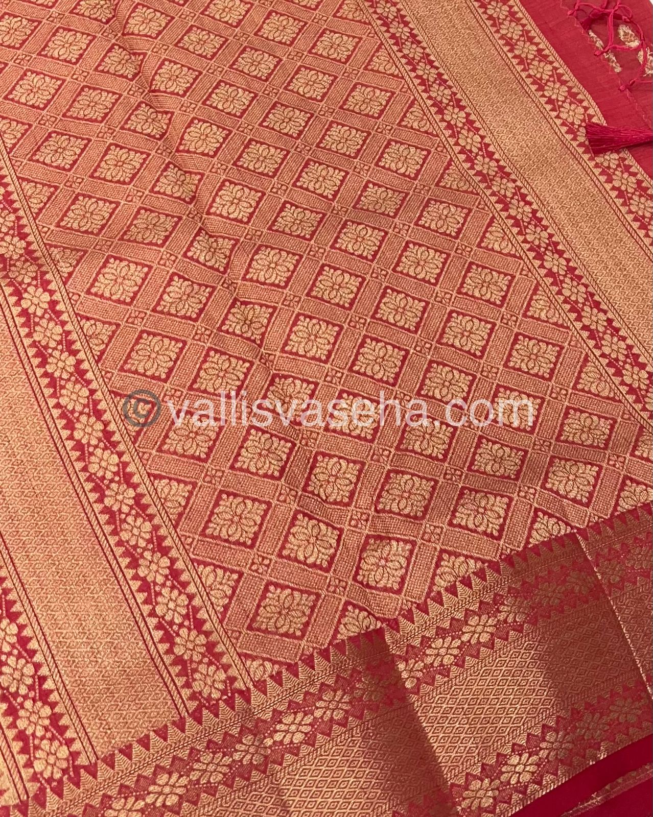 Semi Tussar Silk - Grand Pallu  - Pinkish Red Shade - VVSTS017