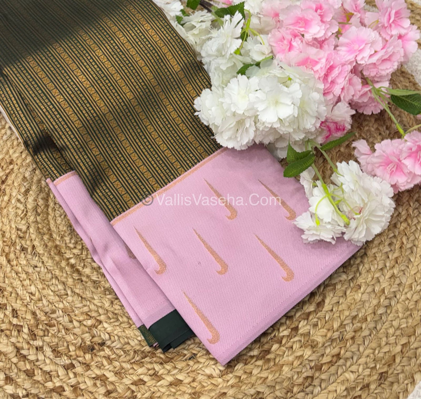 Kanchi Semi Silk - Green with Pink - VVKSS001