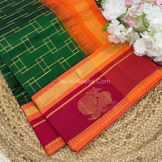 Pure Korvai Silk Cotton Green With Red & Orange - VVKSC020