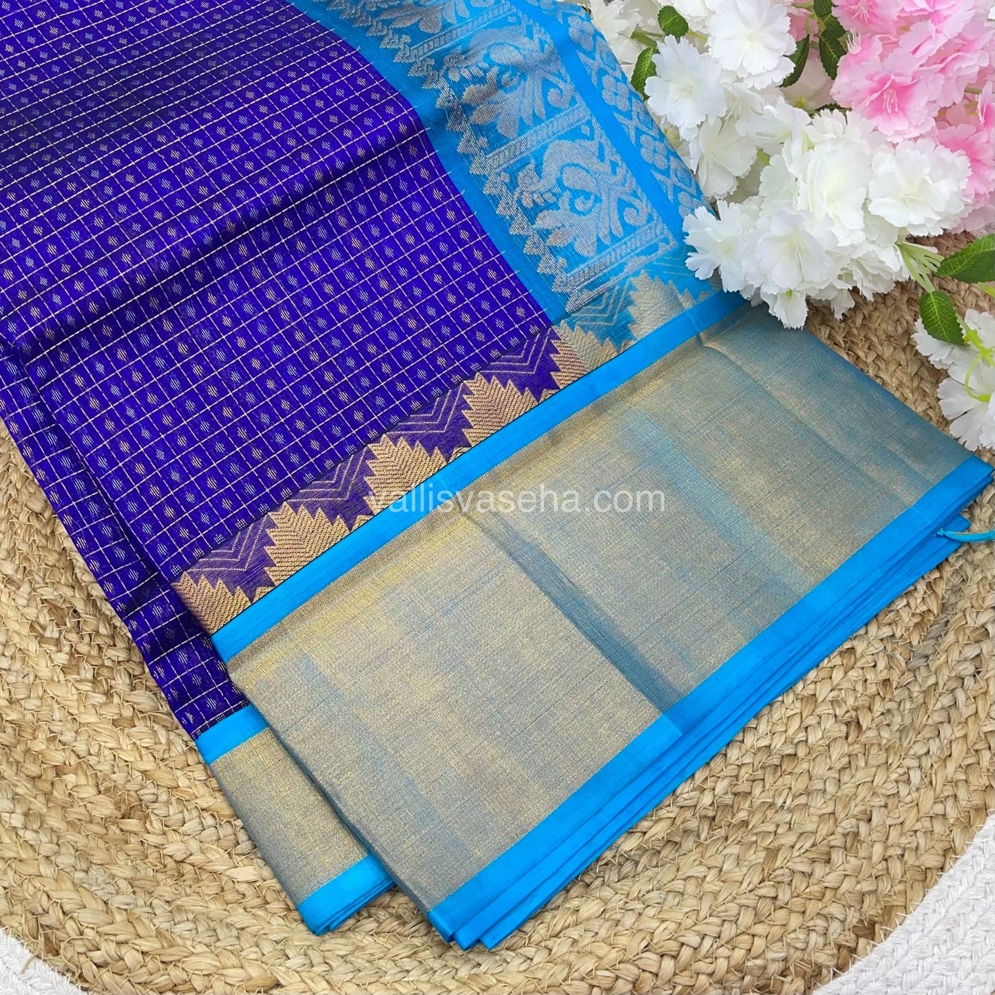 Pure Korvai Silk Cotton - Lakshadeepam Design - Short and Long border - VVKLD003