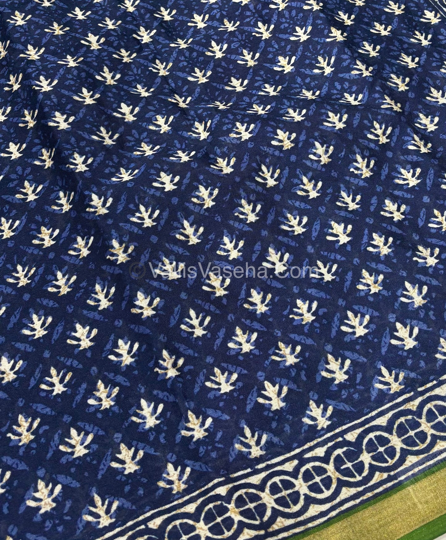 Semi Maheshwari Mixed Cotton Saree - Linen Feel - Indigo Blue & Green - VVMSC003