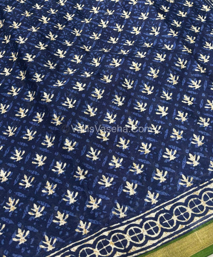 Semi Maheshwari Mixed Cotton Saree - Linen Feel - Indigo Blue & Green - VVMSC003