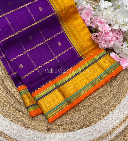 Pure Korvai Silk Cotton - Checks Pattern - Purple with Orangish Yellow Shade  - VVKSC015