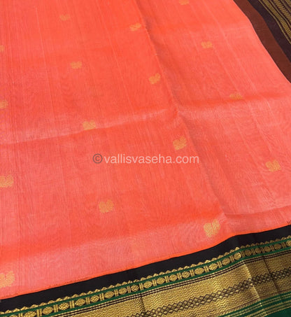 Pure Korvai Silk Cotton Saree - Peach with Green & Black - VVKSC004