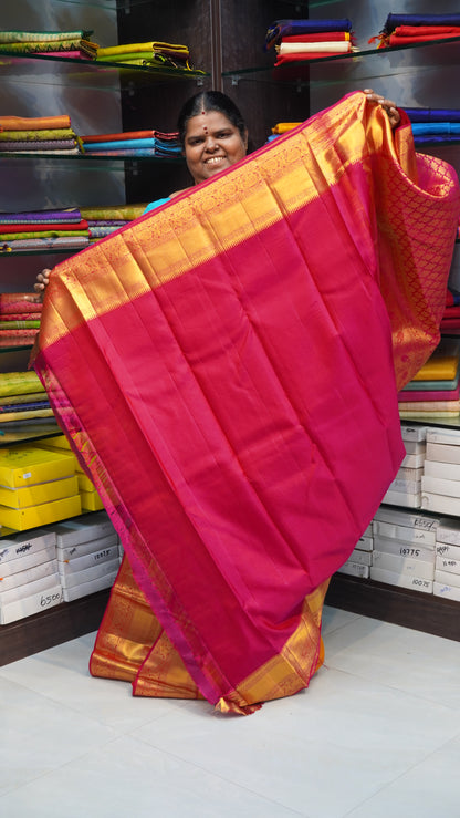 Pure Kanchipuram Silk Saree - Double tone Golden Yellow Shade with Pink - VVPS008