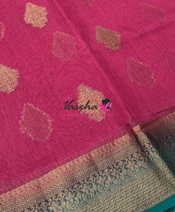 Bamboo Silk Saree - Light Pink with Blue - VVBSS018