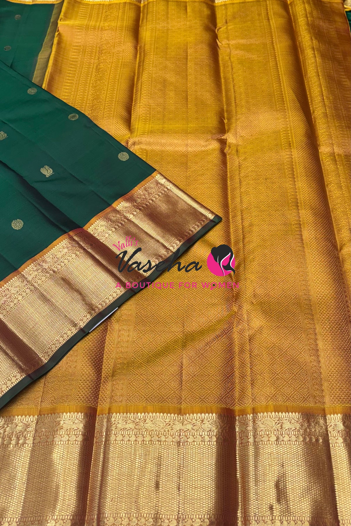 Pure Vintage Korvai Kanchipuram Silk Saree - Green With Mustard Yellow - VVPS046