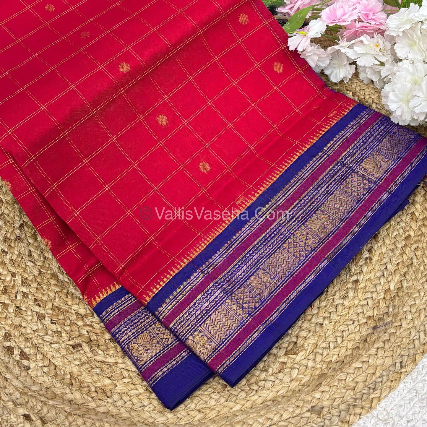 Pure Korvai Silk Cotton Saree - Red  With Blue - VVKSC020