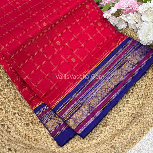 Pure Korvai Silk Cotton Saree - Red  With Blue - VVKSC020