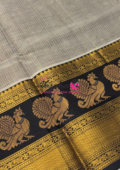 Pure Korvai Silk Cotton - Checks Pattern - Grey With Black Shade  - VVKSC034