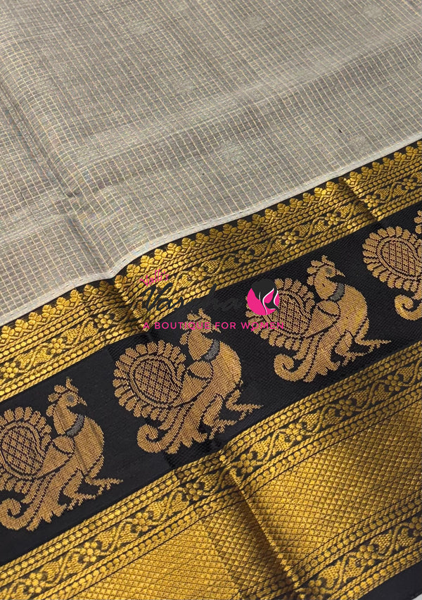 Pure Korvai Silk Cotton - Checks Pattern - Grey With Black Shade  - VVKSC034