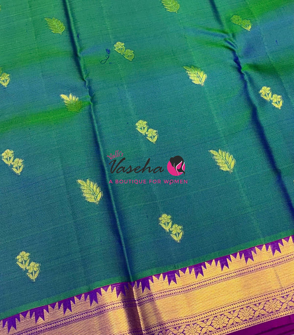 Pure Kanchipuram Silk Saree - Dual Tone Green & Purplish Pink Combo - VVPS013