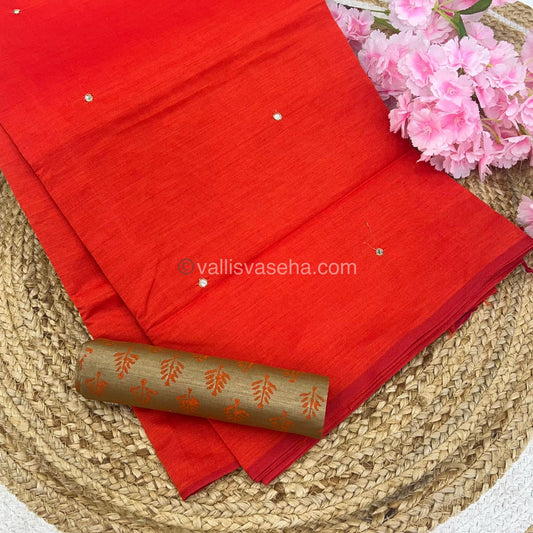 South Mixed Cotton - Mirror Work Embroidery - Dark Orange with Cream - VVPCM002