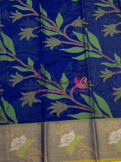 Banarasi Pochampally Weaving Semi Soft Cotton Saree - Blue with Lemon green - VVBPS001