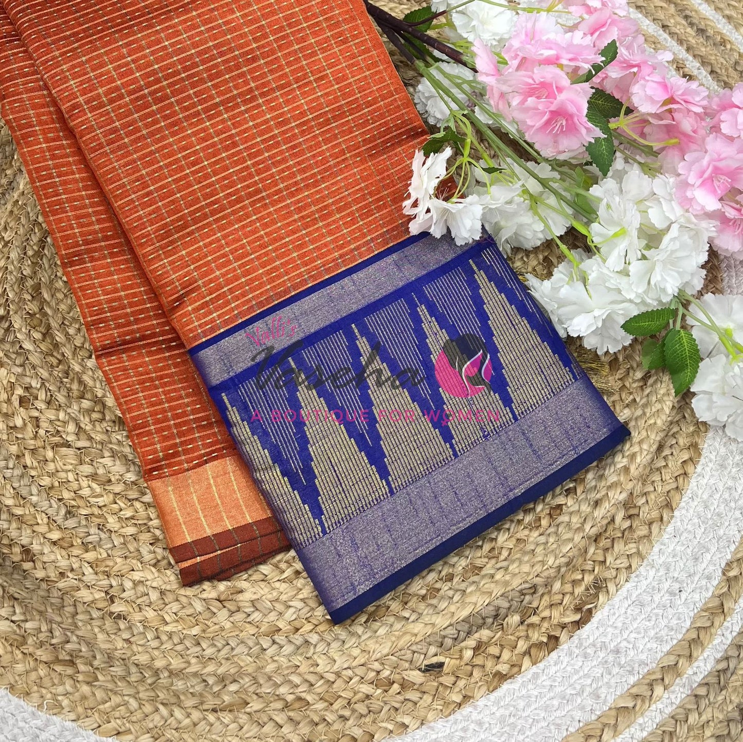 Semi Raw Silk - Lakshadeepam Design - Rust Orange With Blue Shade - VVRS008