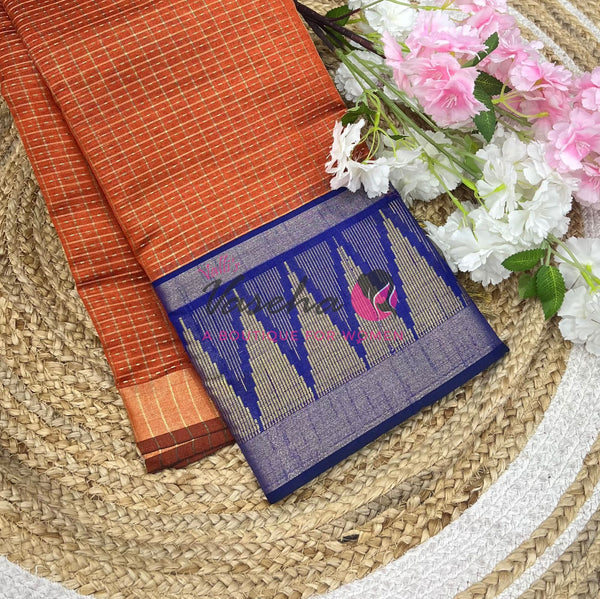 Semi Raw Silk - Lakshadeepam Design - Rust Orange With Blue Shade - VVRS008