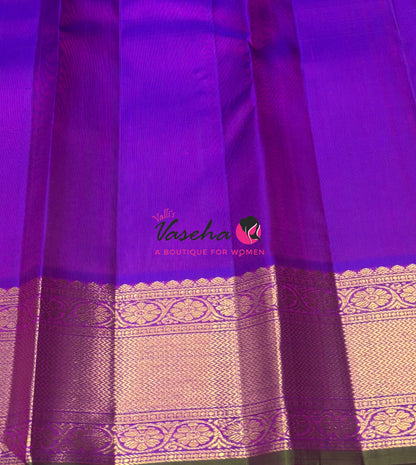 Pure Kanchipuram Silk Saree - Peachish Pink & Purple Combo - VVPS040