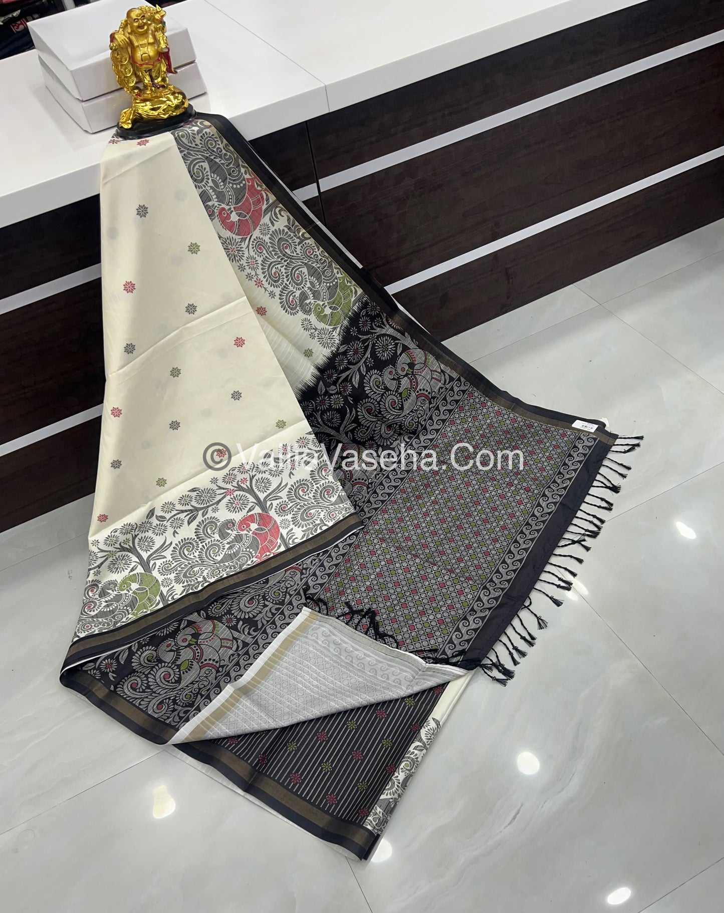 Semi Tussar / Semi Chappa Silk |Peacock Design | - Cream & Black Combo - VVSTS018