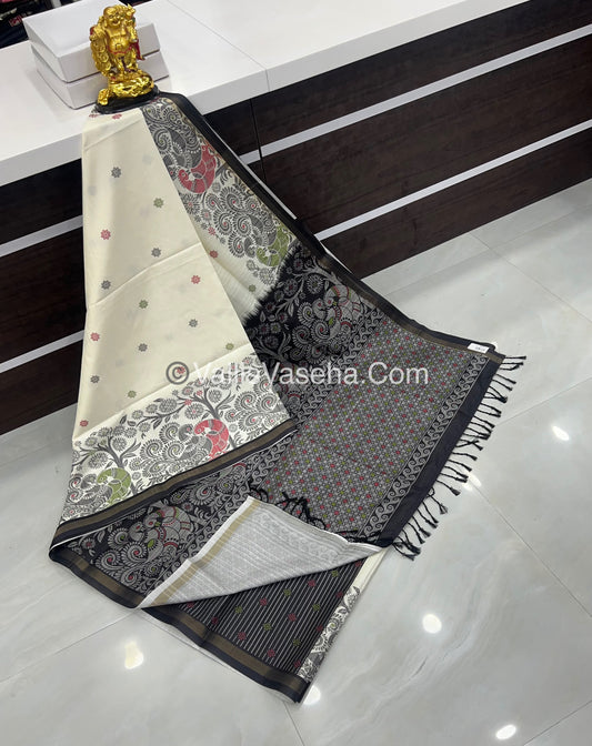 Semi Tussar / Semi Chappa Silk |Peacock Design | - Cream & Black Combo - VVSTS018