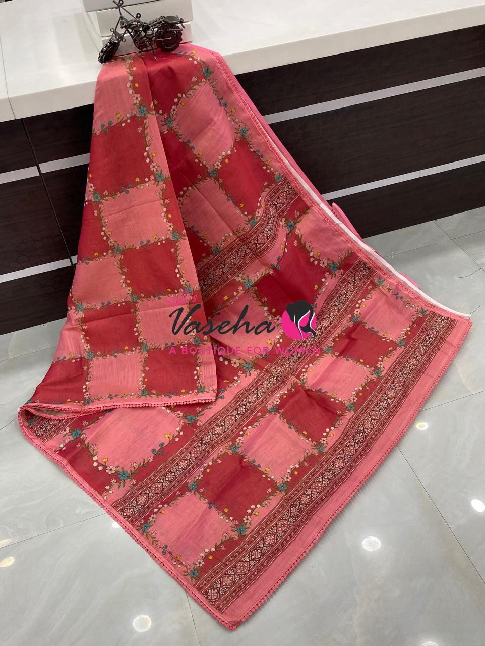 Linen Tissue Saree -  Light & Dark Combo - Pinkish Red Shade - VVLTS007